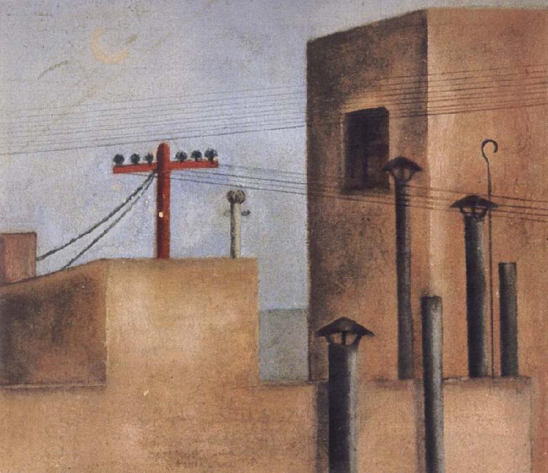 Frida Kahlo After Fride left the Red Cross Hospital,she painted a cityscape of a small,stark rooftop view.On one of the buildings she painted a red cross oil painting picture